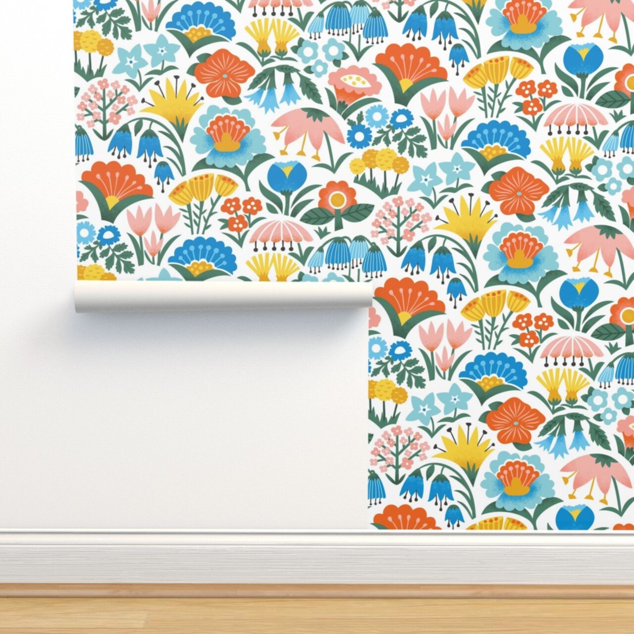 Scandinavian Floral Folk Flowers Pink Yellow Blue Garden Botanical Vintage Retro Midcentury Modern Custom Pre-pasted Wallpaper by Spoonflower Pre-Pasted Wallpaper 2FT Wide